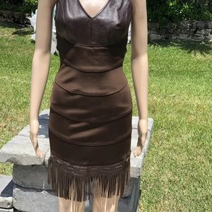 Cache brown bandage dress with leather top and fringe hem Sz s